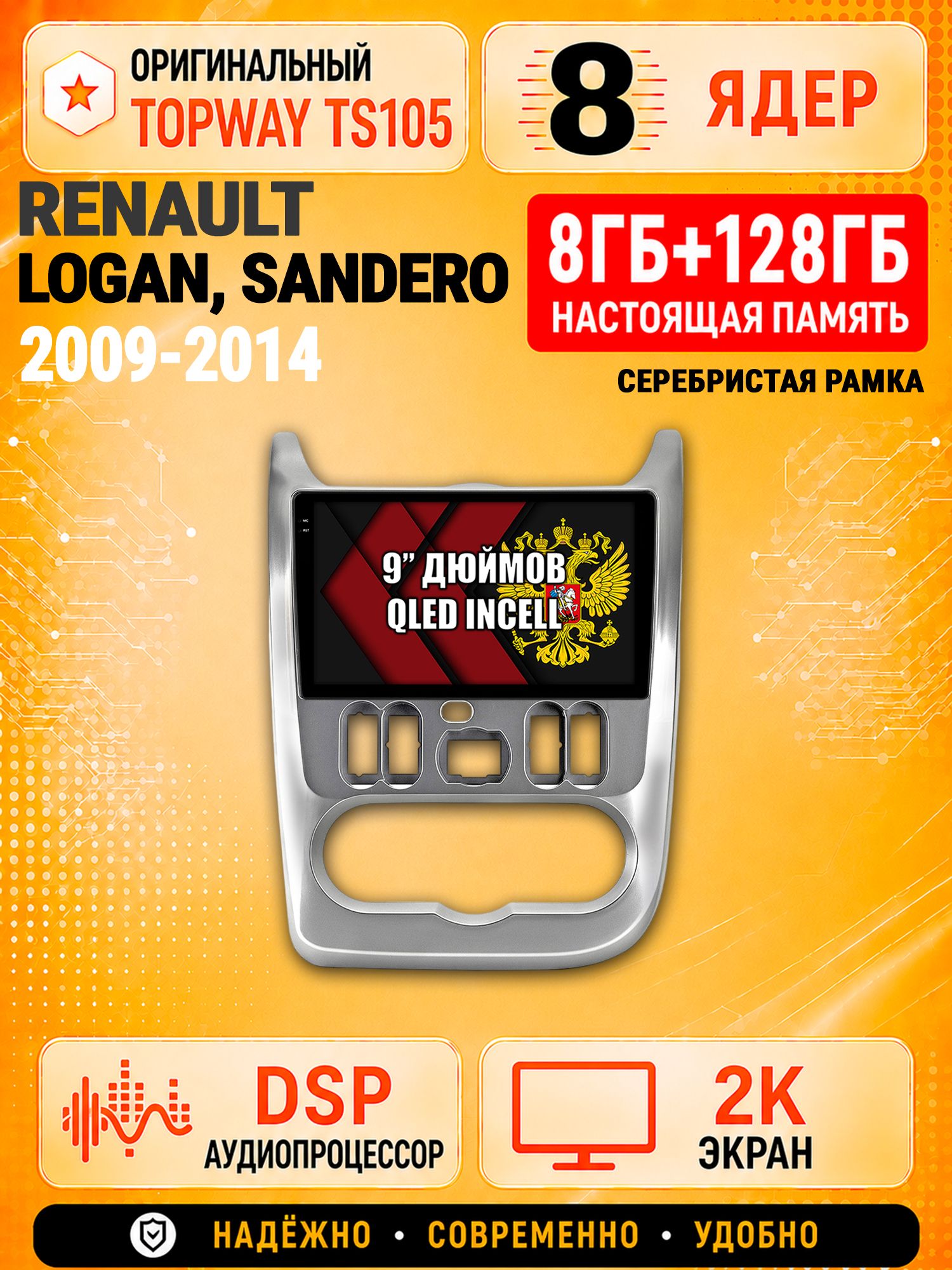 8 ядер TS105, 8гб+128гб, экран 2К, для RENAULT LOGAN (2009-2014) / SANDERO (2009-2014) - серебристая рамка, Андроид автомагнитола с Carplay и Android auto