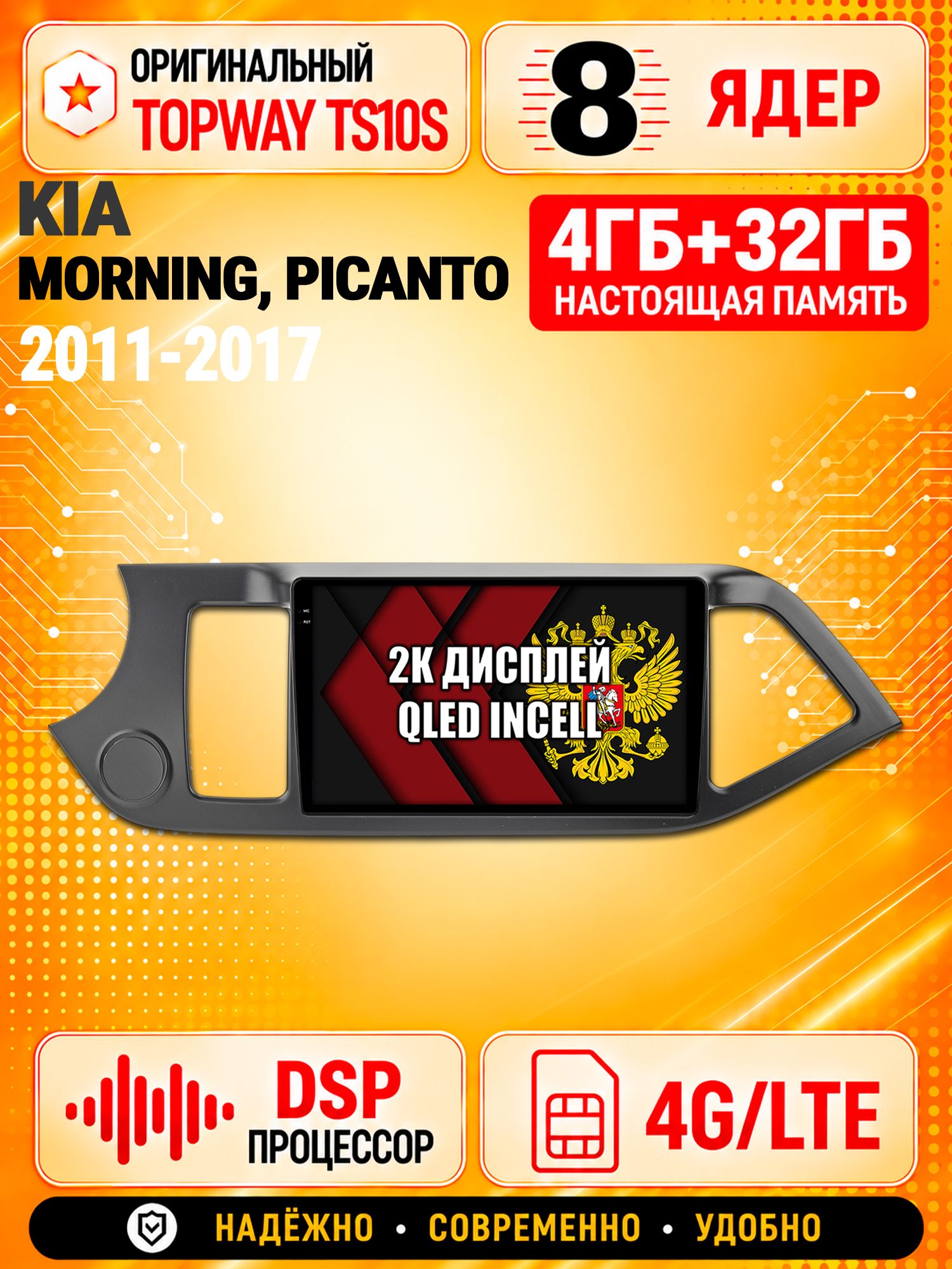 8 ядер TS10S, память 4гб+32гб и экран 2К, для KIA MORNING (2011-2017) / PICANTO (2011-2017), Android магнитола с Carplay и 4G LTE
