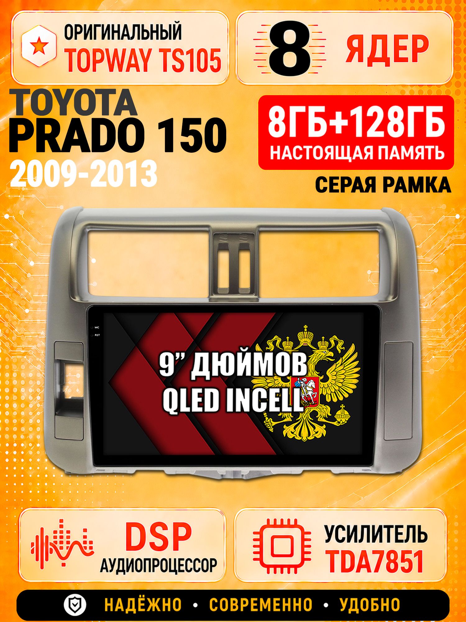 8 ядер TS105 с памятью 8гб+128гб для Toyota Prado 150 (2009-2013), Штатная андроид магнитола, DSP, 4G, беспроводной CarPlay/Android Auto, Рамка серая