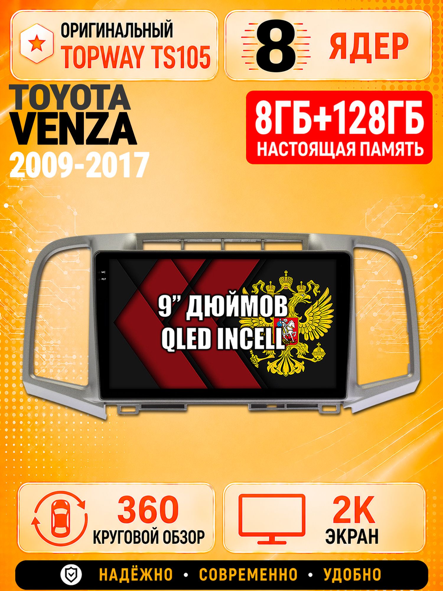 8 ядер TS105, 8гб+128гб, экран 2К и круговой обзор 360, для TOYOTA VENZA (2009-2017), Андроид магнитола с Carplay