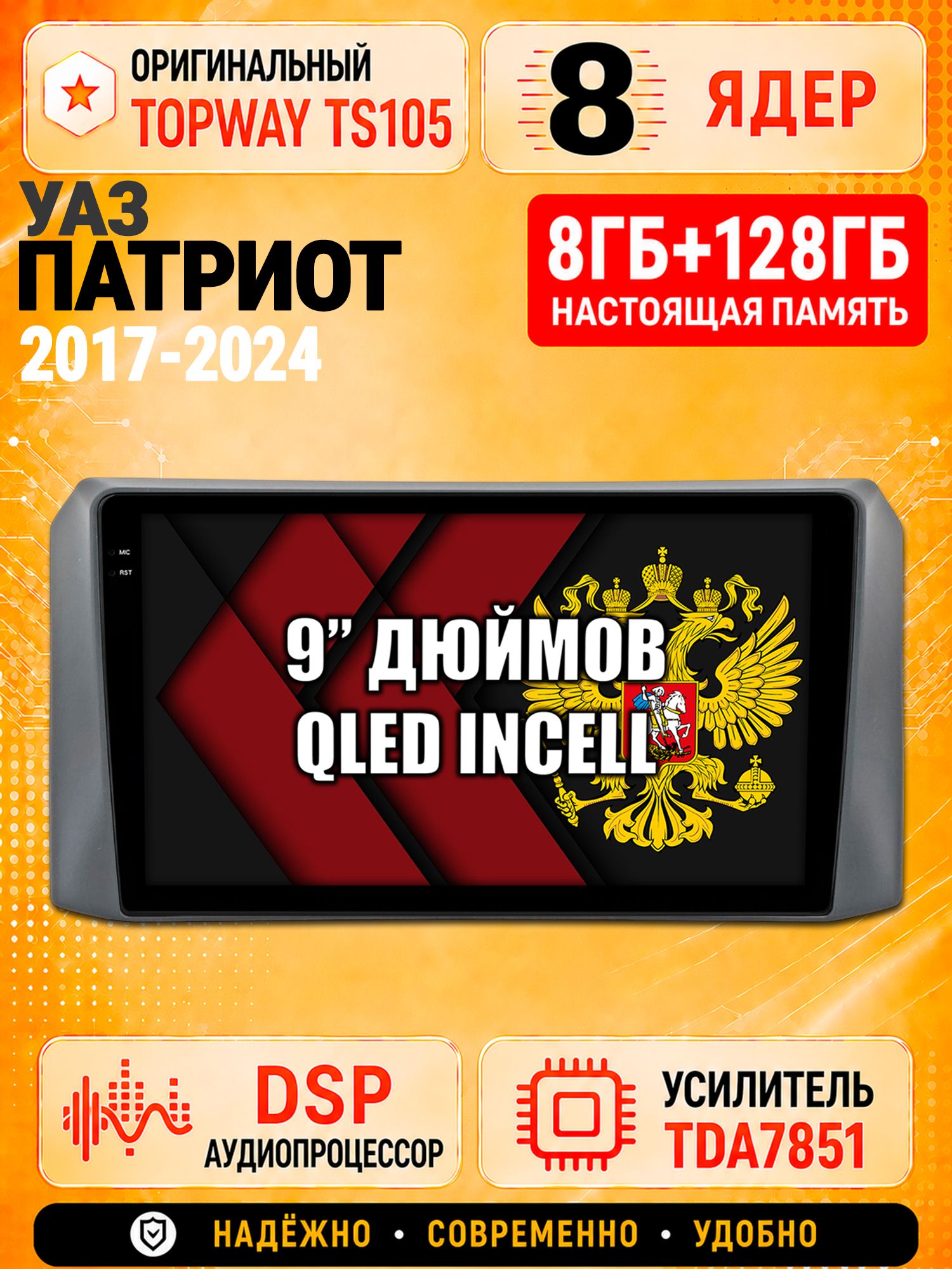 8 ядер TS105 с памятью 8гб+128гб для Уаз Патриот (2017-2024) Uaz Patriot, Штатная андроид магнитола, DSP, 4G, беспроводной CarPlay/Android Auto