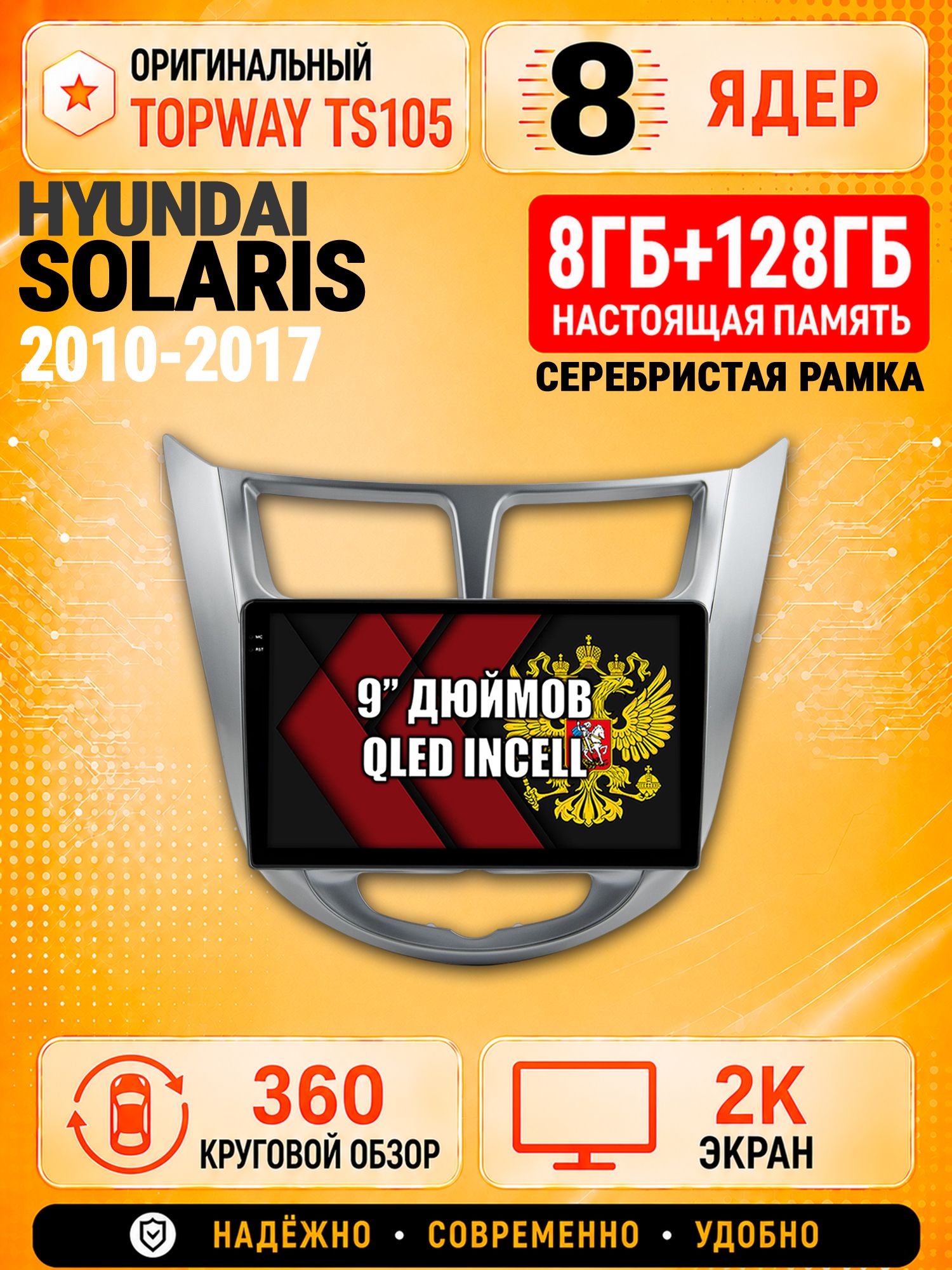 8 ядер TS105, 8гб+128гб, экран 2К и круговой обзор 360, для HYUNDAI SOLARIS (2010 2011 2012 2013 2014 2015 2016 2017) Соларис, Андроид магнитола с Carplay