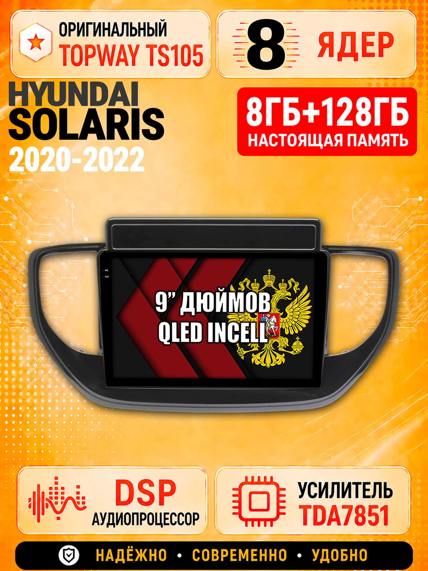 8 ядер TS105 с памятью 8гб+128гб для Hyundai Solaris (2020-2022), Штатная андроид магнитола, DSP, 4G, беспроводной CarPlay/Android Auto
