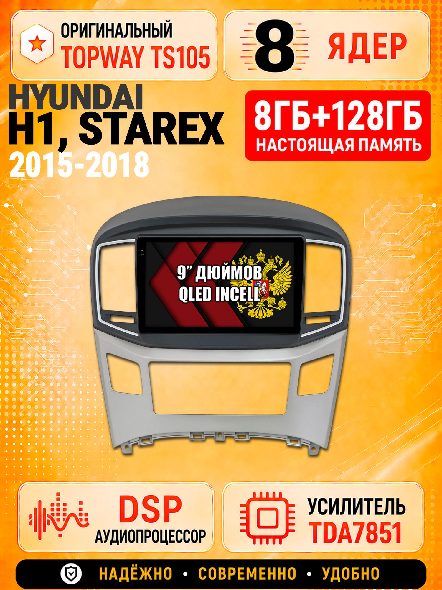 8 ядер TS105 с памятью 8гб+128гб для Hyundai H1, H-1 Starex (2015-2018), Штатная андроид магнитола, DSP, 4G, беспроводной CarPlay/Android Auto