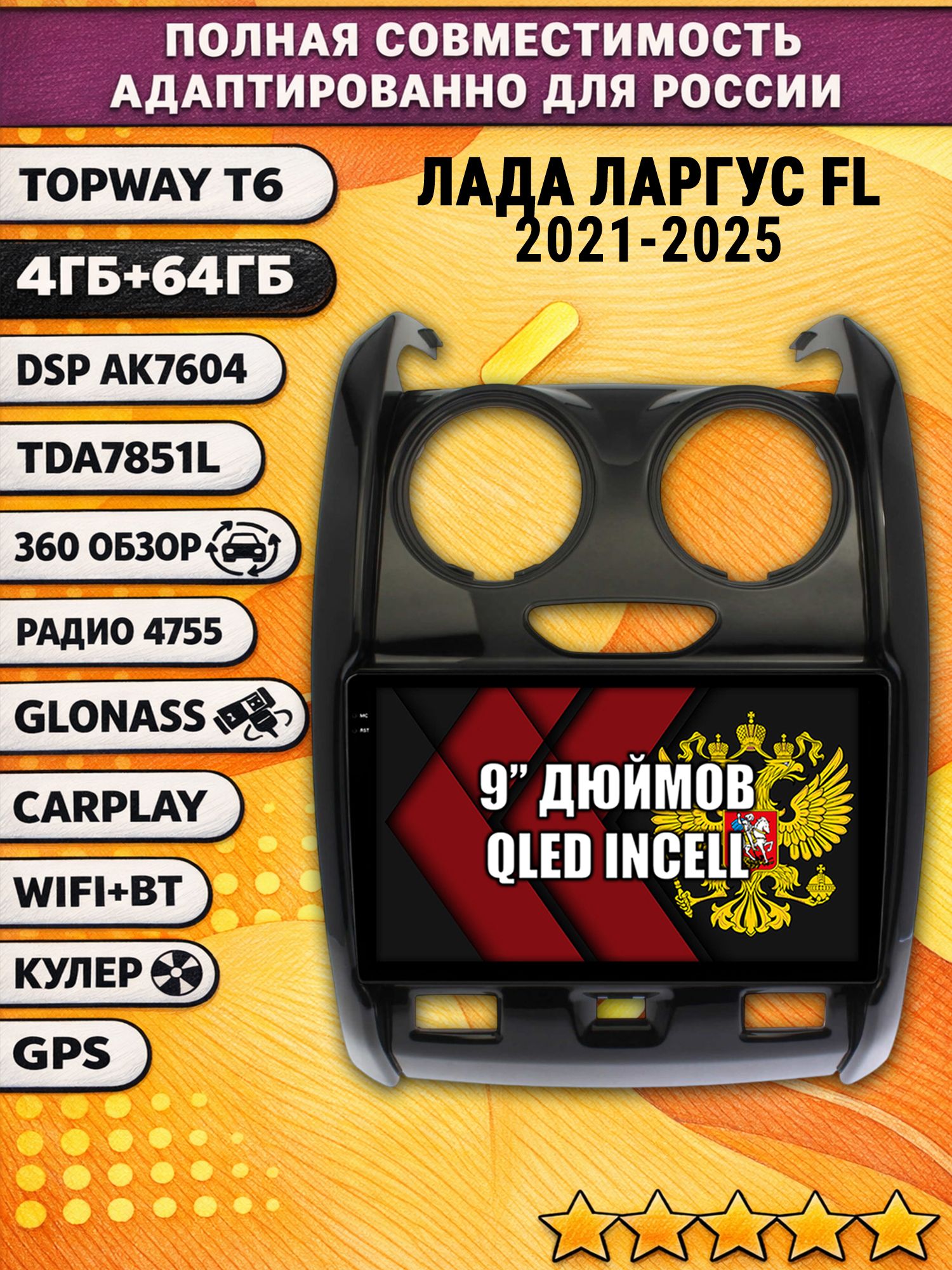 Штатная Андроид магнитола для LADA LARGUS FL / ЛАДА ЛАРГУС ФЛ (2021 2022 2023 2024 2025), 4/64гб, 360 обзор, DSP, беспроводной CarPlay/Android Auto, GPS/ГЛОНАСС, рамка глянец