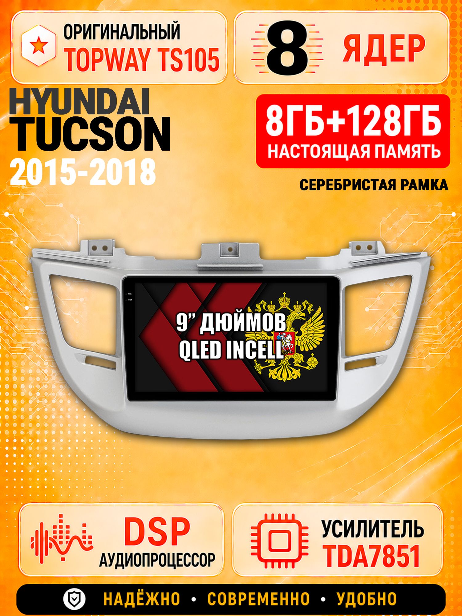 8 ядер TS105 с памятью 8гб+128гб для Hyundai Tucson (2015-2018), Штатная андроид магнитола, DSP, 4G, беспроводной CarPlay/Android Auto - рамка серебро