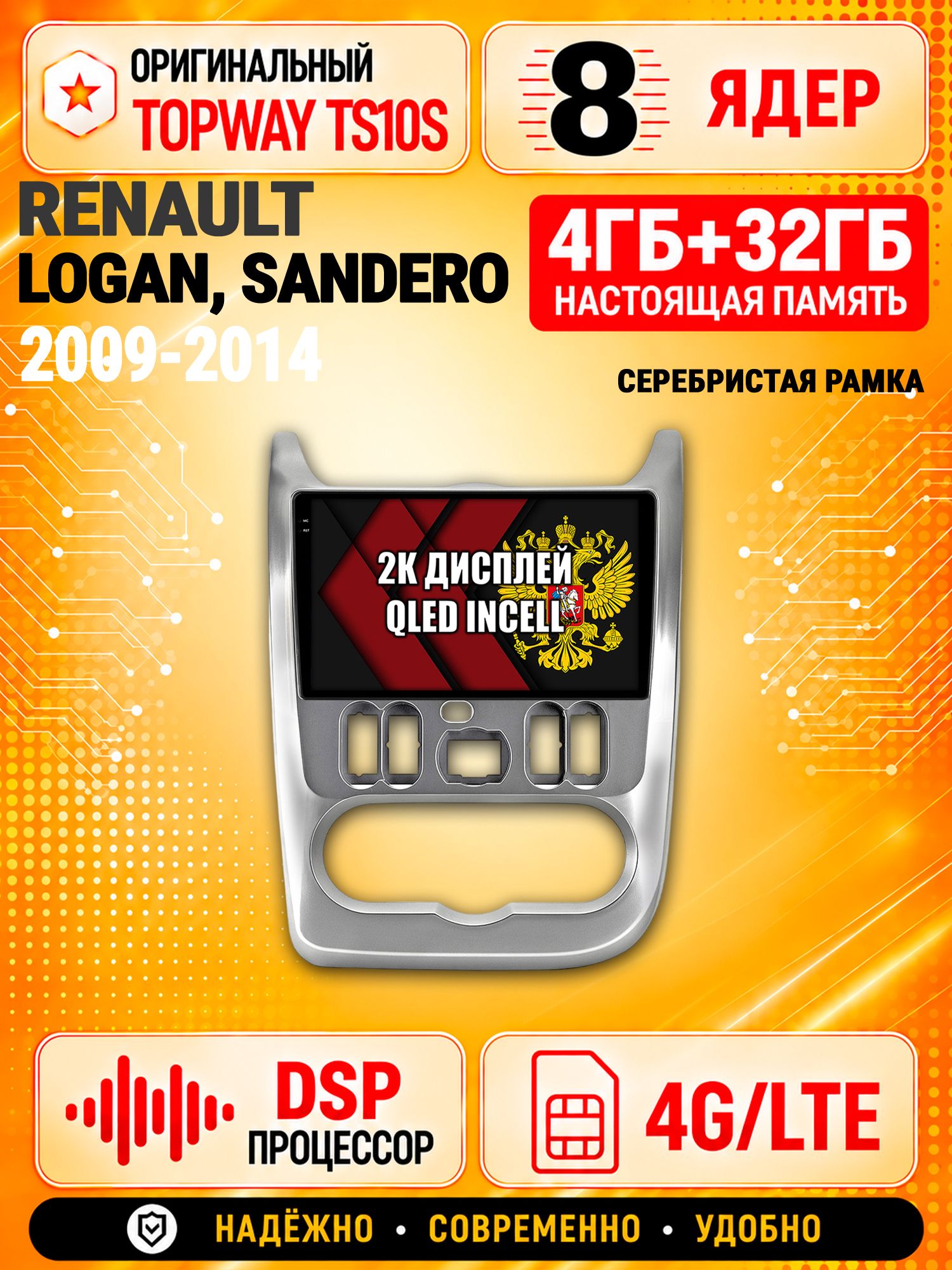 8 ядер TS10S, память 4гб+32гб и экран 2К, для RENAULT LOGAN (2009-2014) / SANDERO (2009-2014) - серебристая рамка, Android магнитола с Carplay и 4G LTE