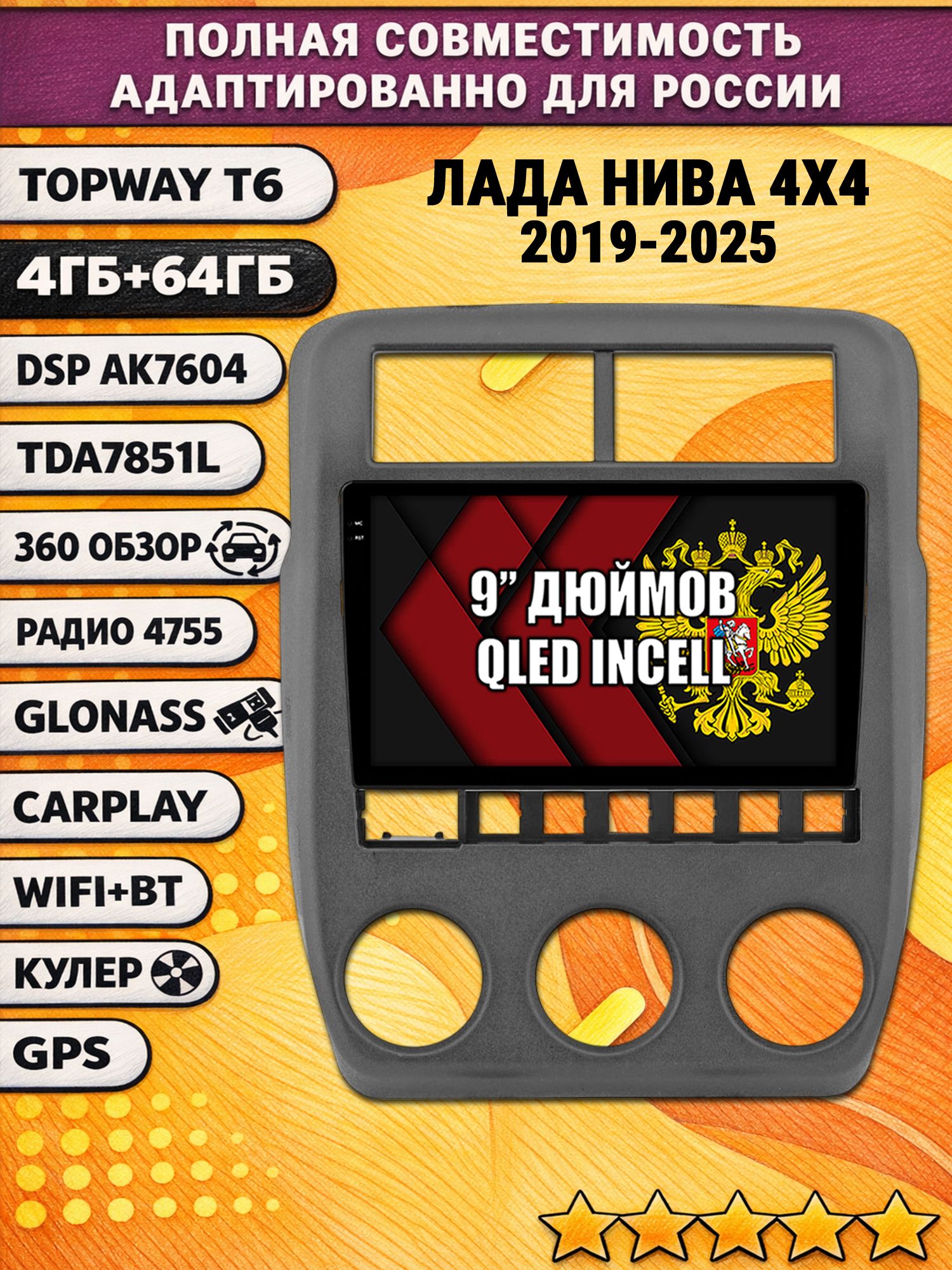 Штатная Андроид магнитола для ЛАДА НИВА (2019 2020 2021 2022 2023 2024 2025), LADA NIVA 4X4, 4/64гб, 360 обзор, DSP, беспроводной CarPlay/Android Auto, GPS/ГЛОНАСС