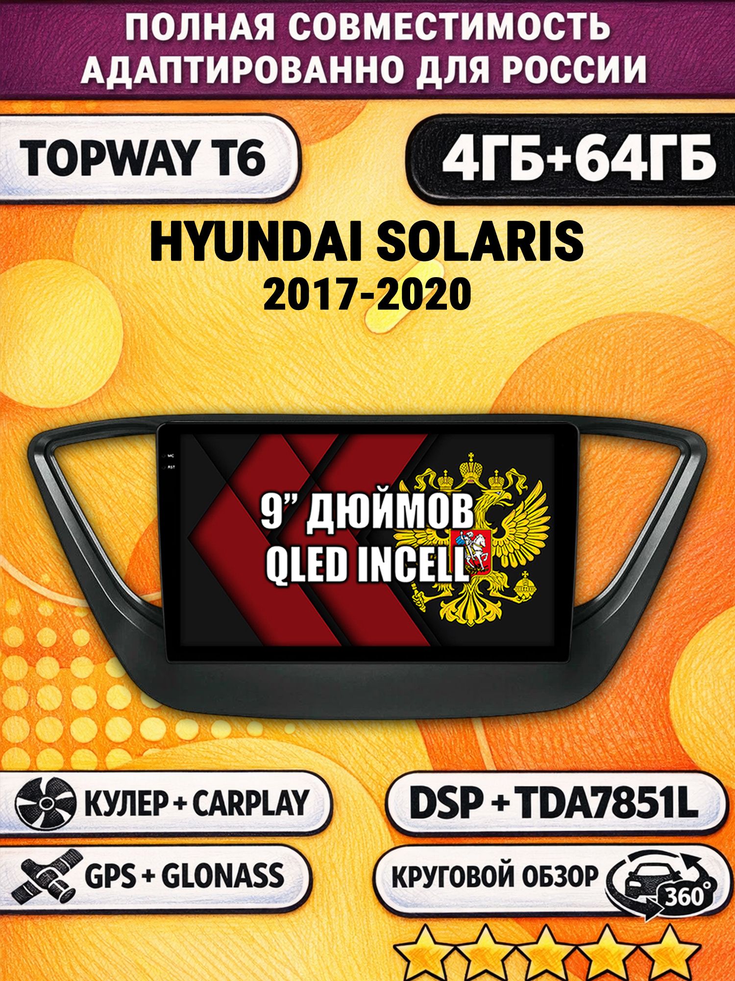 Штатная Андроид магнитола для HYUNDAI SOLARIS (2017 2018 2019 2020) Соларис, рамка черная матовая, 4/64гб, 360 обзор, DSP, беспроводной CarPlay/Android Auto, GPS/ГЛОНАСС