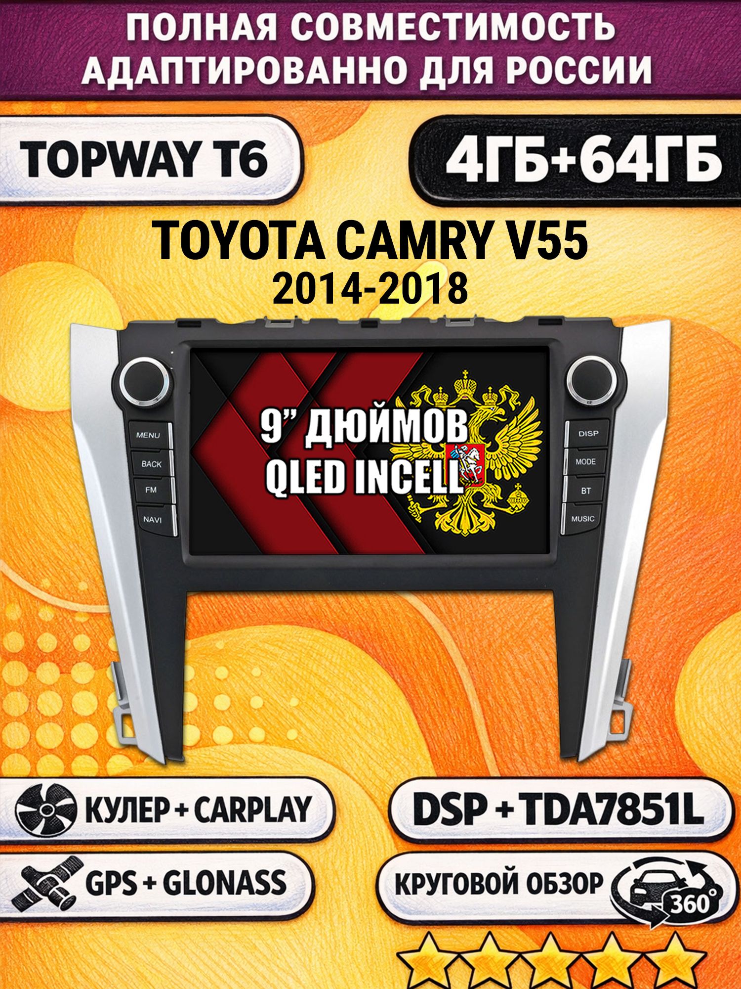 Штатная Андроид магнитола для TOYOTA CAMRY V55 (2014-2018), 4/64гб, 360 обзор, DSP, беспроводной CarPlay/Android Auto, GPS/ГЛОНАСС