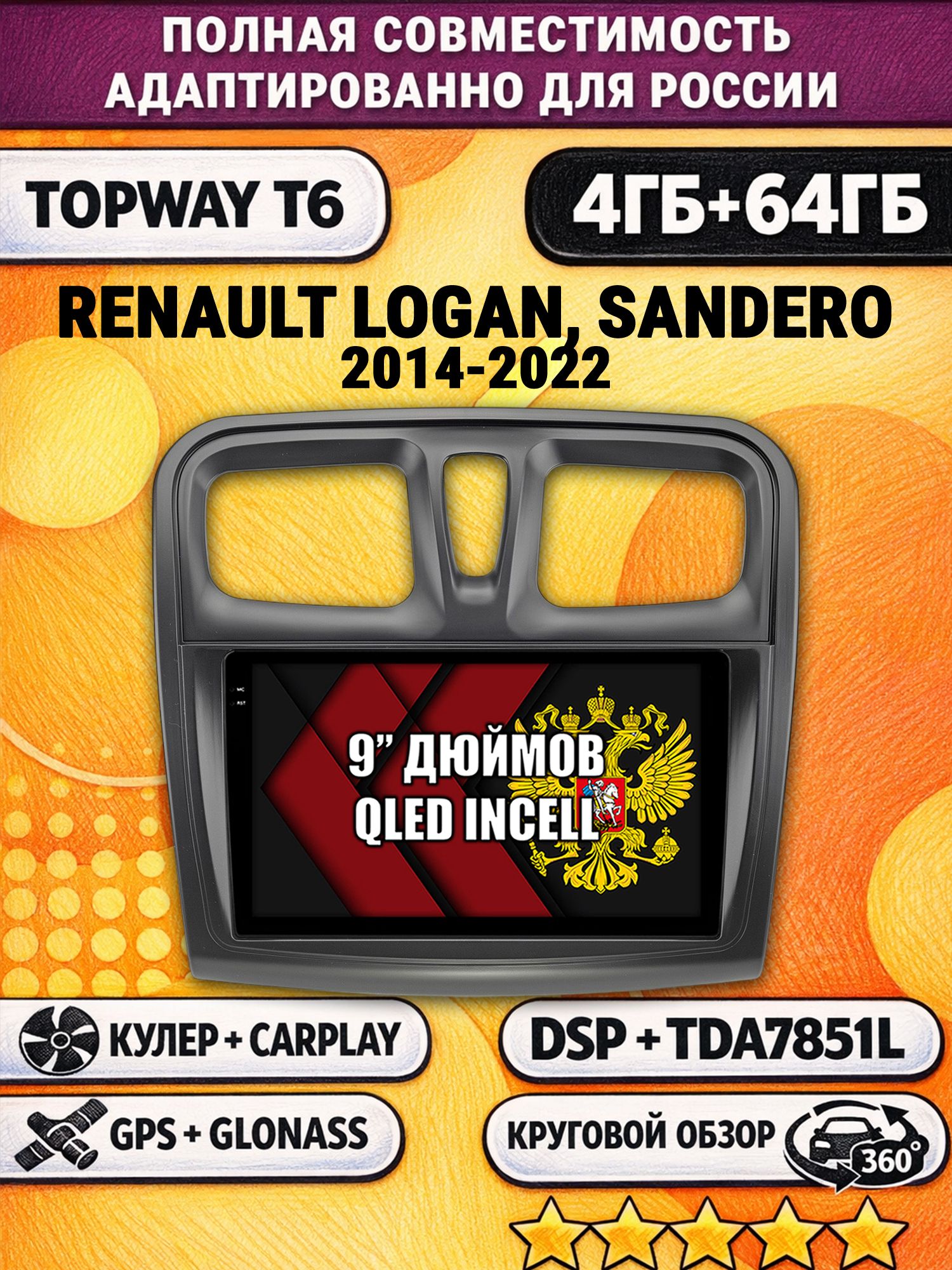 Штатная Андроид магнитола для RENAULT LOGAN, SANDERO (2014 2015 2016 2017 2018 2019 2020 2021 2022), 4/64гб, 360 обзор, DSP, беспроводной CarPlay/Android Auto, GPS/ГЛОНАСС