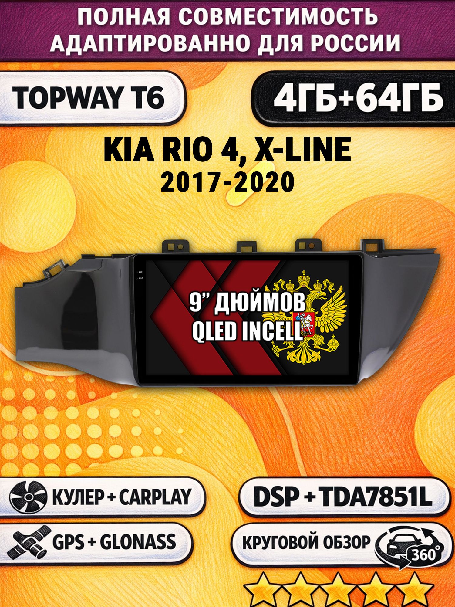 Штатная Андроид магнитола для KIA RIO, X-LINE (2017-2020), рамка черная глянцевая, 4/64гб, 360 обзор, DSP, беспроводной CarPlay/Android Auto, GPS/ГЛОНАСС