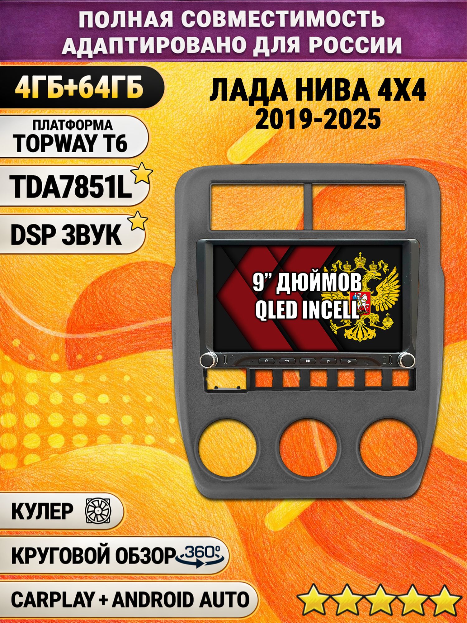 Штатная магнитола Андроид 9 для ЛАДА НИВА (2019 2020 2021 2022 2023 2024 2025), LADA NIVA 4X4, 4/64гб, DSP, 360 обзор, беспроводной CarPlay и Android Auto, GPS и ГЛОНАСС