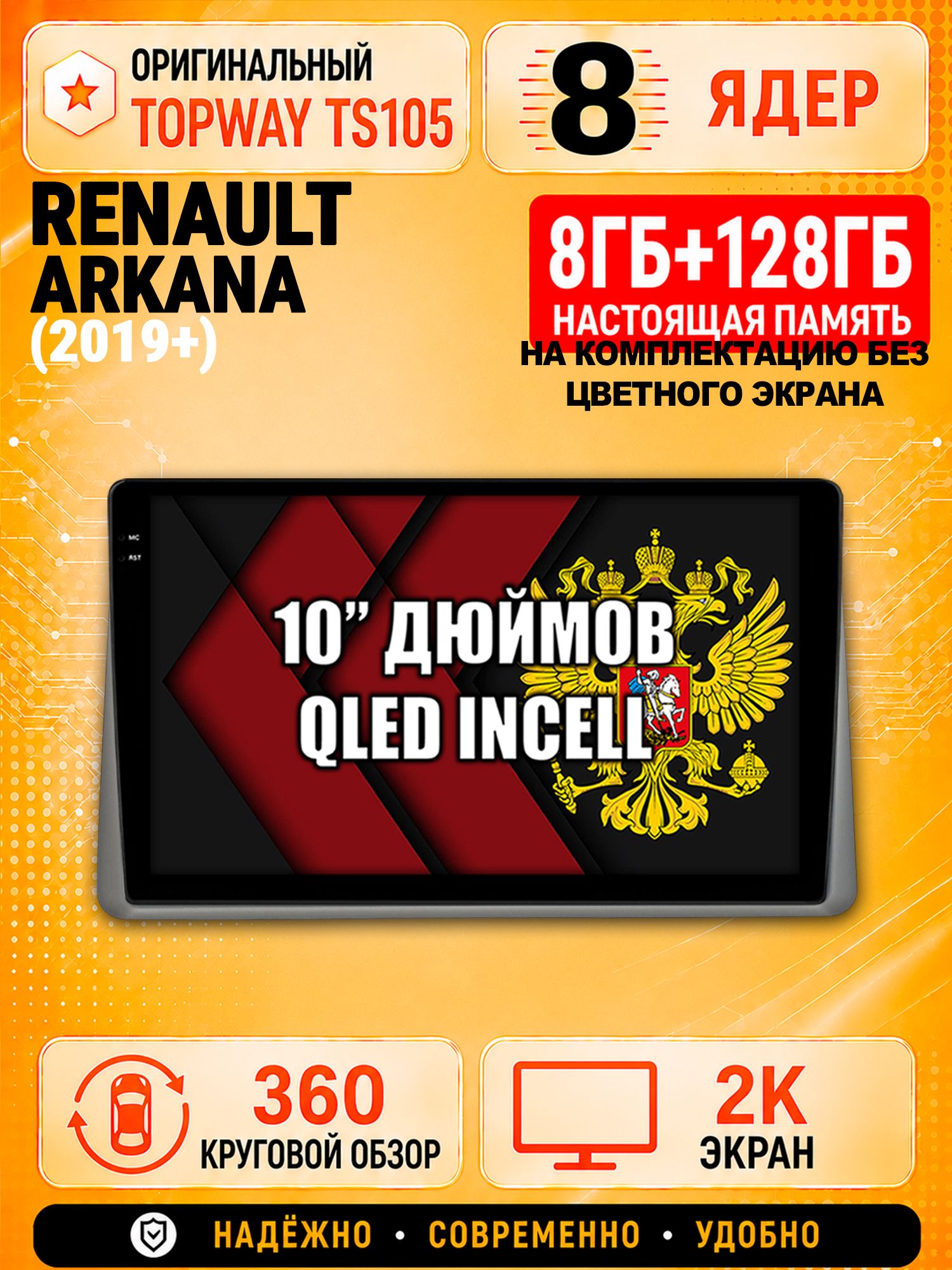 8 ядер 8гб+128гб с 360 обзором андроид магнитола для RENAULT ARKANA (2019-2024) Рено Аркана, на комплектацию без экрана, Android TS105 с 4G LTE и Carplay