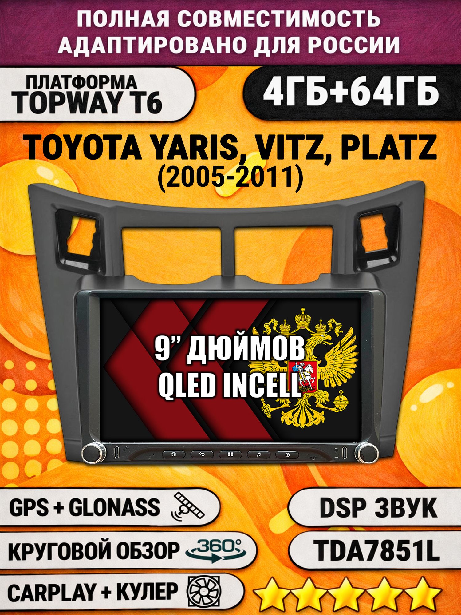 Штатная магнитола Андроид 9 для TOYOTA YARIS, VITZ, PLATZ (2005-2011), рамка черная матовая, 4/64гб, DSP, 360 обзор, беспроводной CarPlay и Android Auto, GPS и ГЛОНАСС