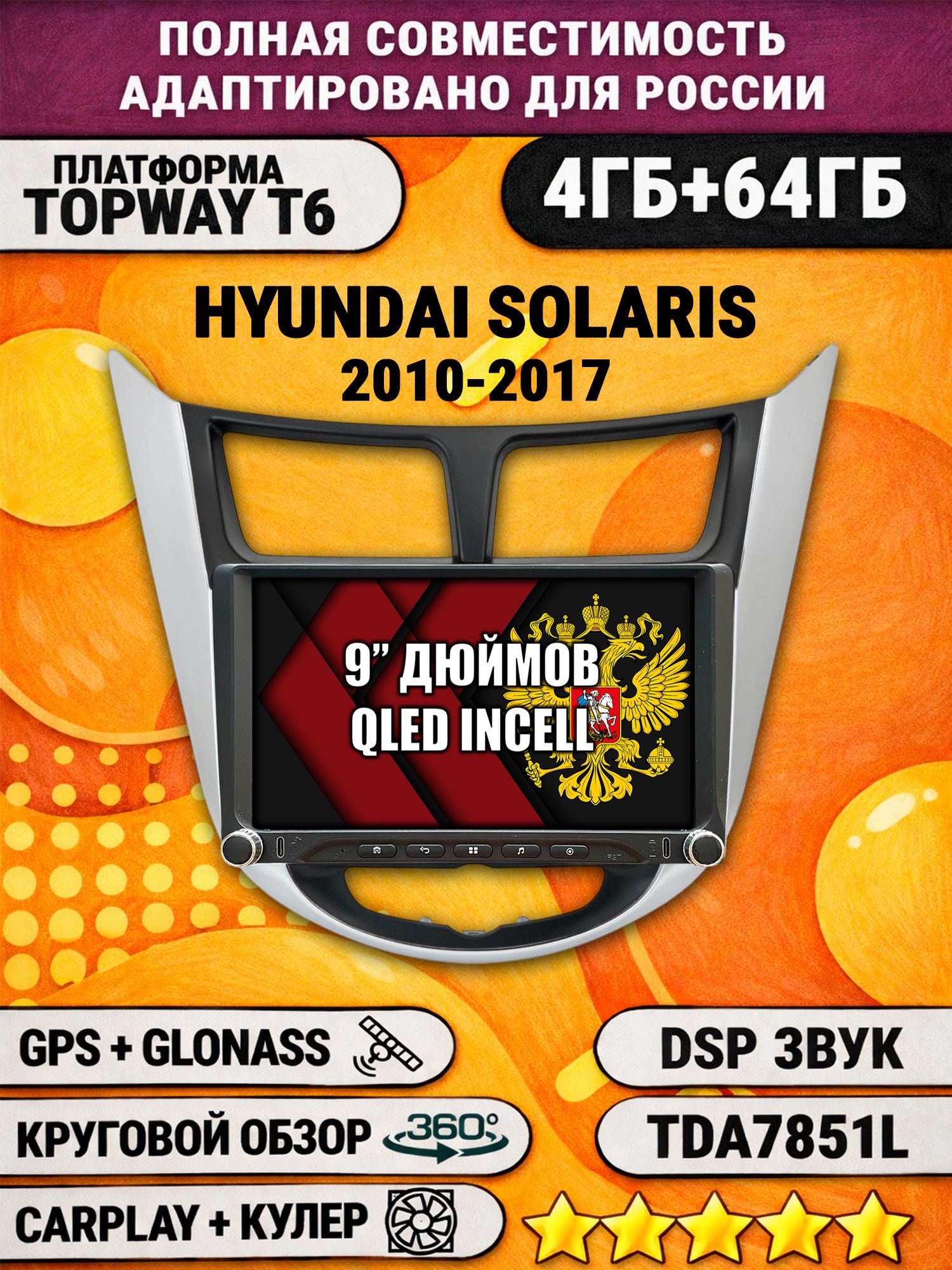 Штатная магнитола Андроид 9 для HYUNDAI SOLARIS (2010 2011 2012 2013 2014 2015 2016 2017) Соларис, рамка с черным центром, 4/64гб, DSP, 360 обзор, беспроводной CarPlay и Android Auto, GPS и ГЛОНАСС