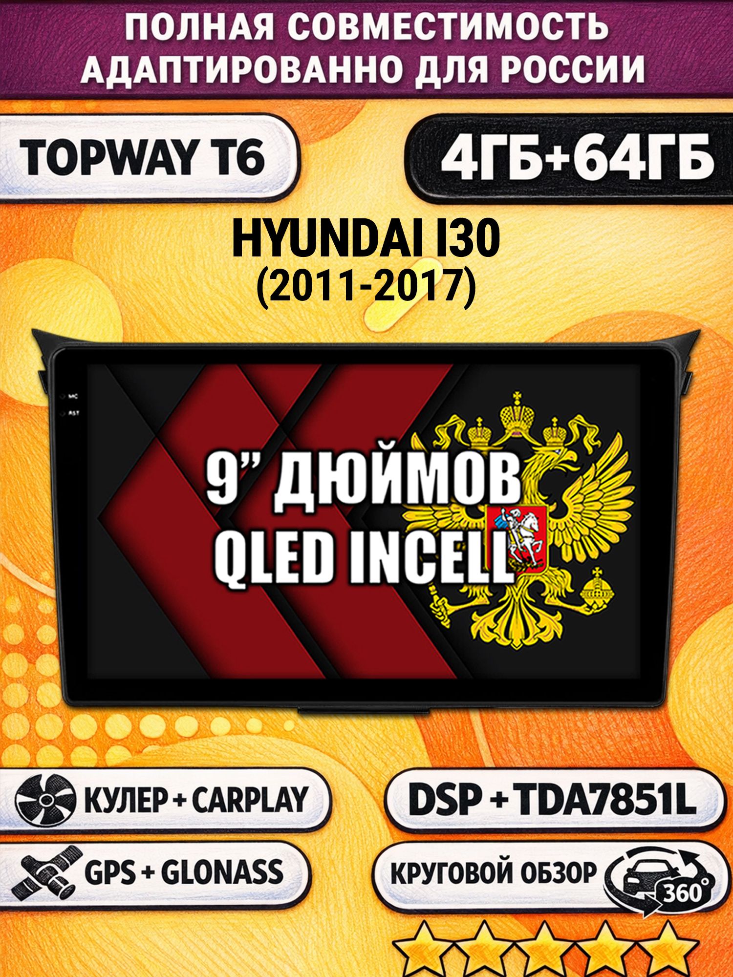 Штатная Андроид магнитола для HYUNDAI I30 (2011-2017), 4/64гб, 360 обзор, DSP, беспроводной CarPlay/Android Auto, GPS/ГЛОНАСС