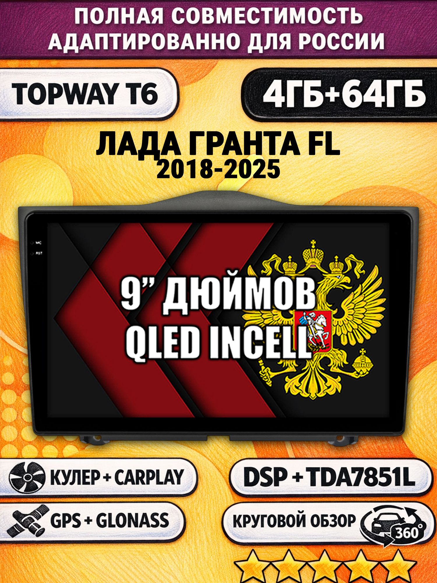 Штатная Андроид магнитола для LADA GRANTA FL ЛАДА ГРАНТА ФЛ (2018 2019 2020 2021 2022 2023 2024 2025), 4/64гб, 360 обзор, DSP, беспроводной CarPlay/Android Auto, GPS/ГЛОНАСС