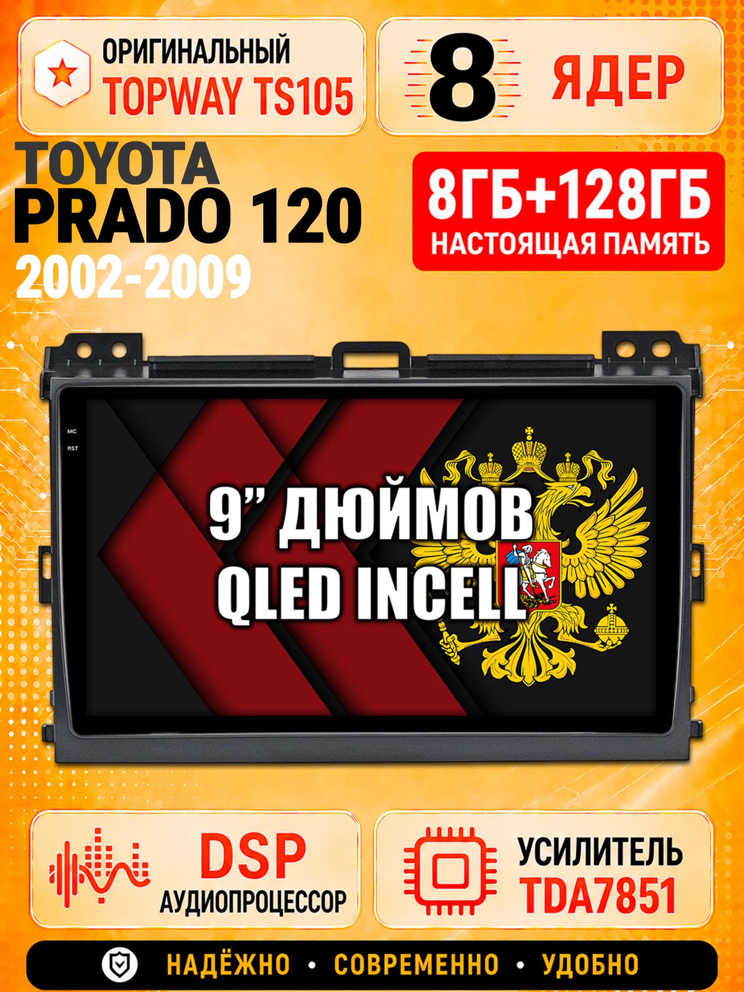 8 ядер TS105 с памятью 8гб+128гб для Toyota Prado 120 (2002-2009), Штатная андроид магнитола, DSP, 4G, беспроводной CarPlay/Android Auto