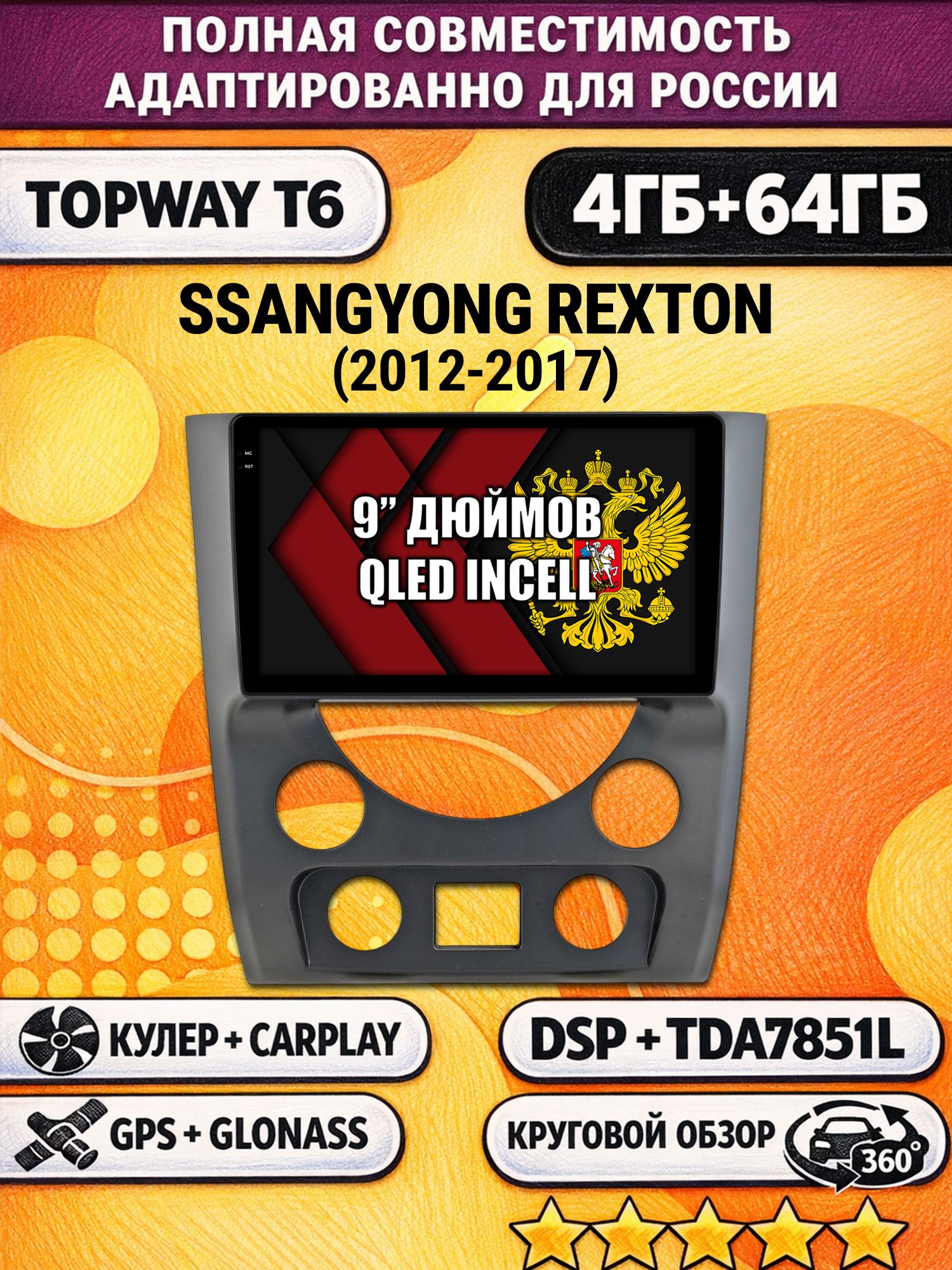 Штатная Андроид магнитола для SSANGYONG REXTON (2012-2017), 4/64гб, 360 обзор, DSP, беспроводной CarPlay/Android Auto, GPS/ГЛОНАСС