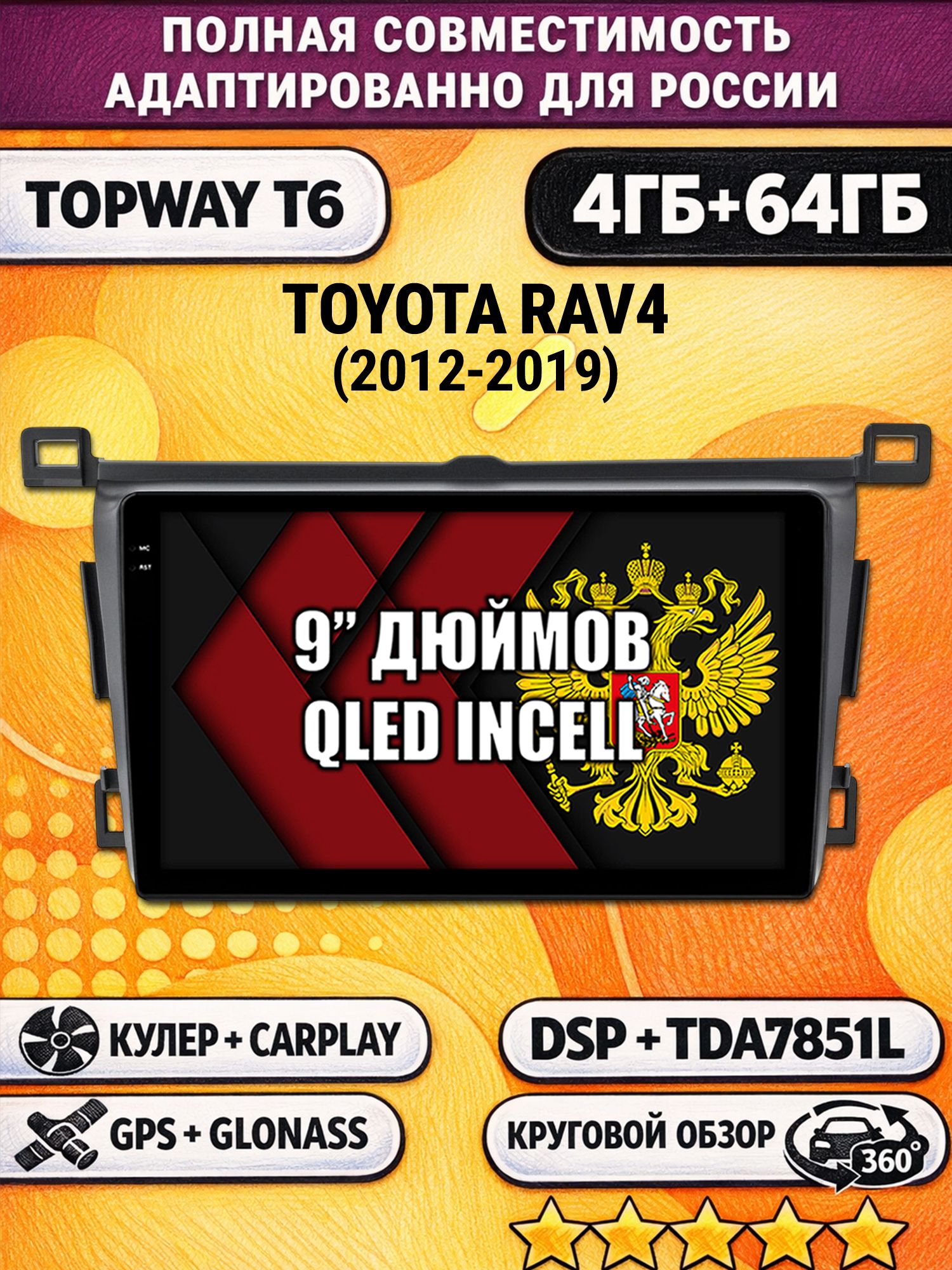 Штатная Андроид магнитола для TOYOTA RAV4 (2012 2013 2014 2015 2016 2017 2018 2019) Рав RAV-4, 4/64гб, 360 обзор, DSP, беспроводной CarPlay/Android Auto, GPS/ГЛОНАСС