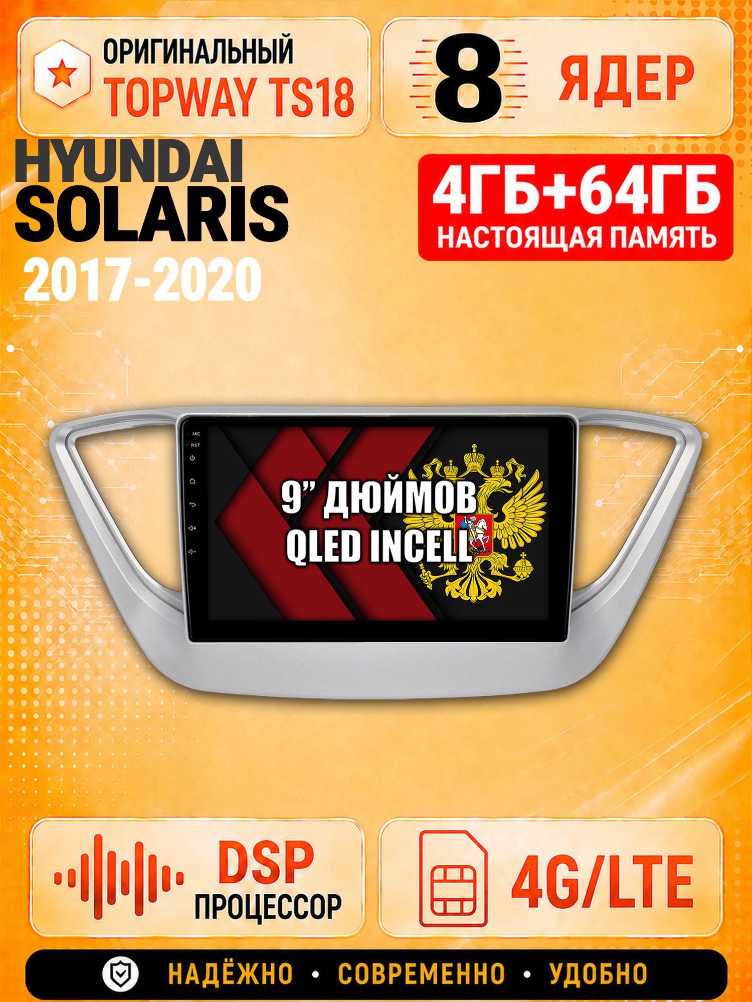 8 ядер 4гб+64гб для HYUNDAI SOLARIS (2017 2018 2019 2020) Соларис, Андроид магнитола с Carplay и Android Auto