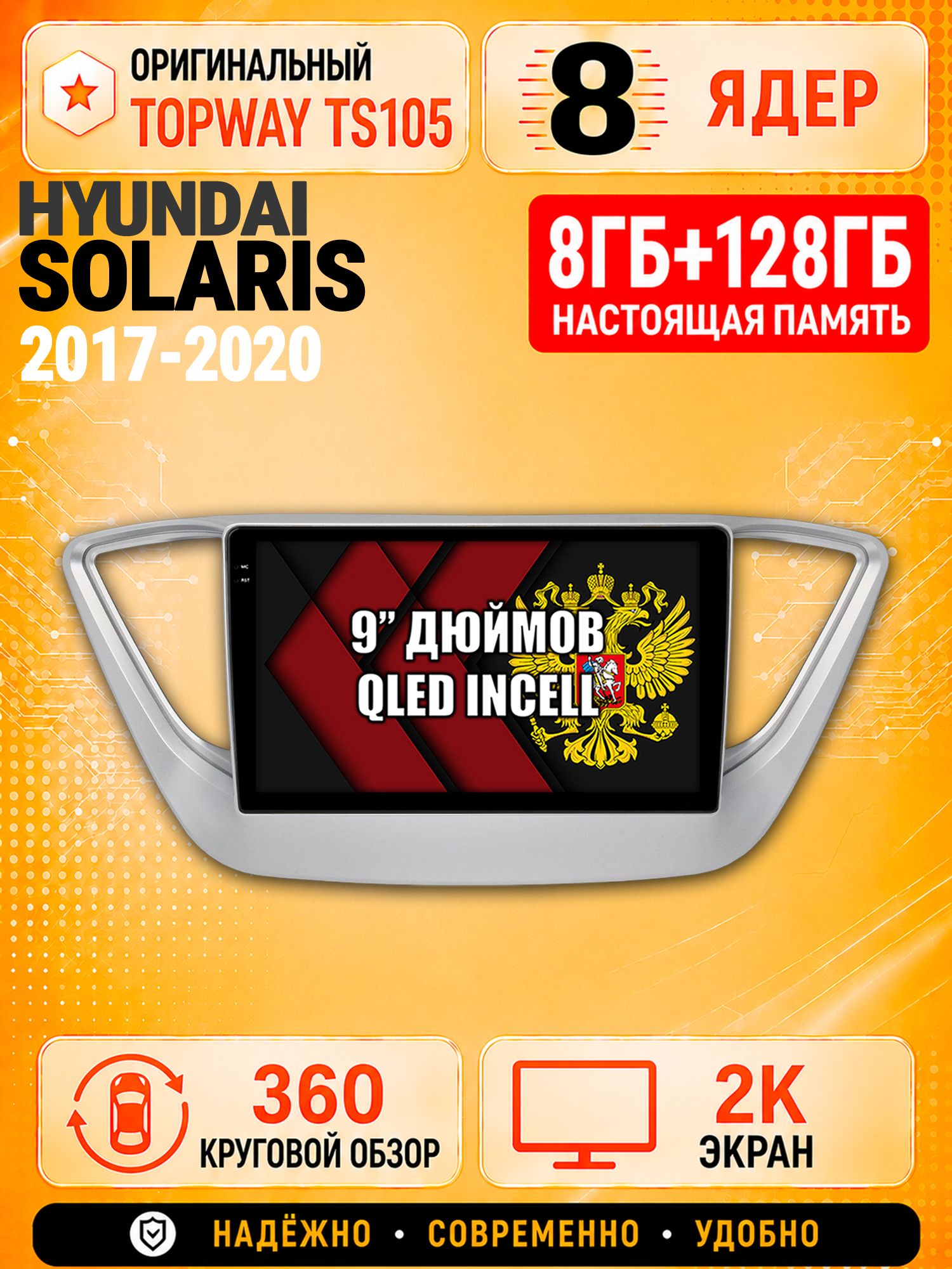 8 ядер TS105, 8гб+128гб, экран 2К и круговой обзор 360, для HYUNDAI SOLARIS (2017 2018 2019 2020) Соларис, Андроид магнитола с Carplay