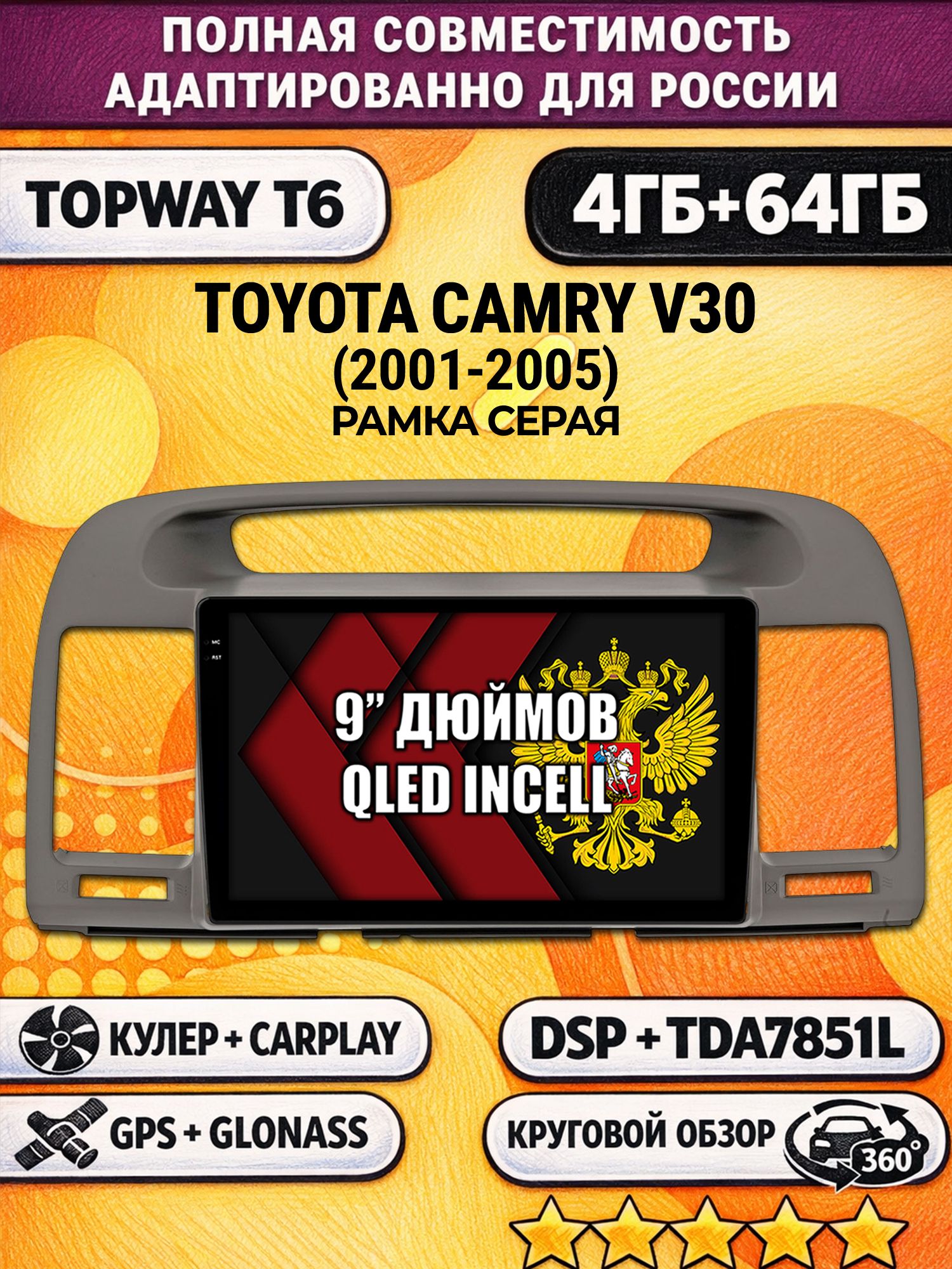Штатная Андроид магнитола для TOYOTA CAMRY V30 (2001-2005), 4/64гб, 360 обзор, DSP, беспроводной CarPlay/Android Auto, GPS/ГЛОНАСС