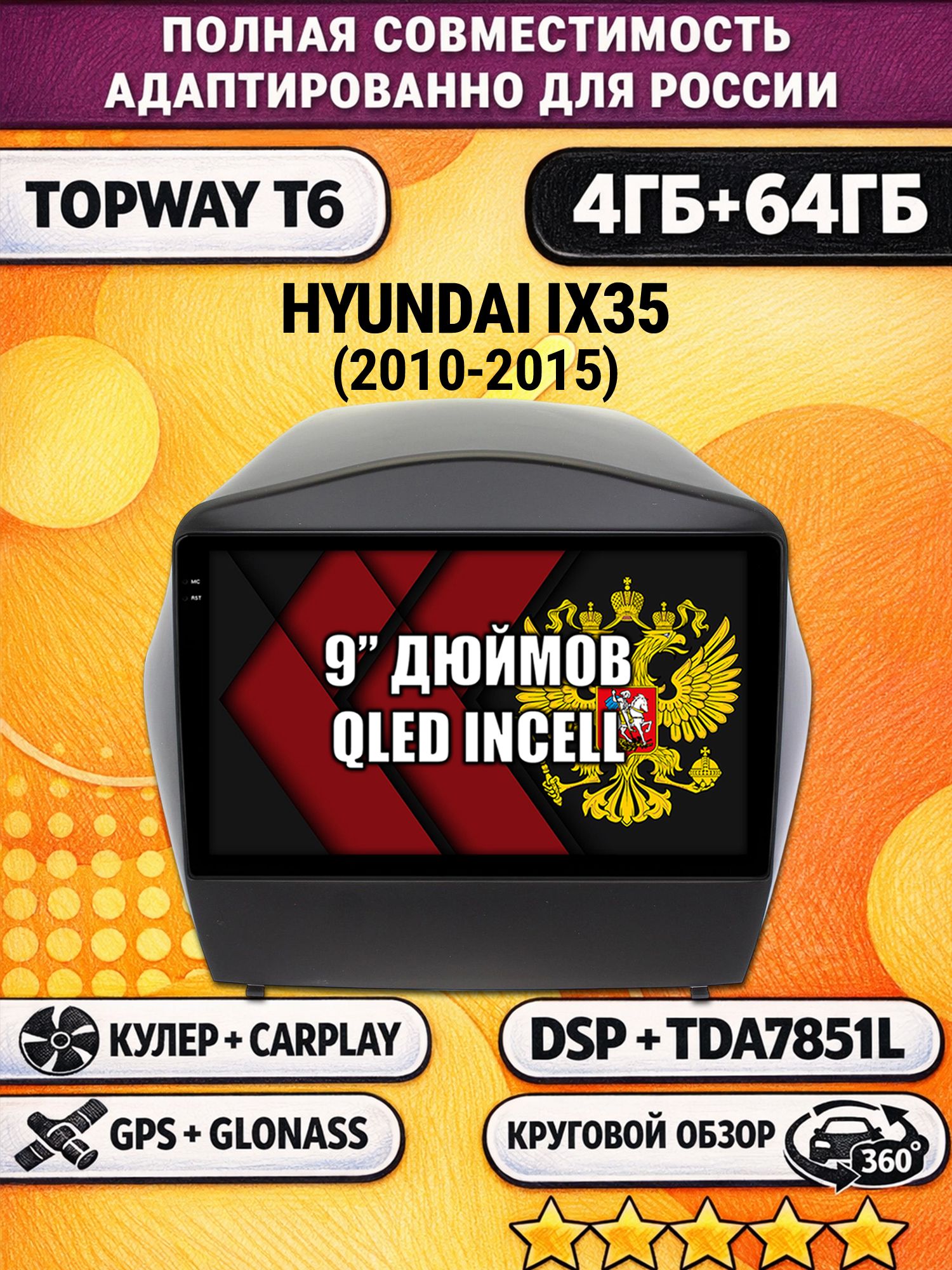 Штатная Андроид магнитола для HYUNDAI IX35 (2010 2011 2012 2013 2014 2015), для комплектации без штатной родной навигации, 4/64гб, 360 обзор, DSP, беспроводной CarPlay/Android Auto, GPS/ГЛОНАСС