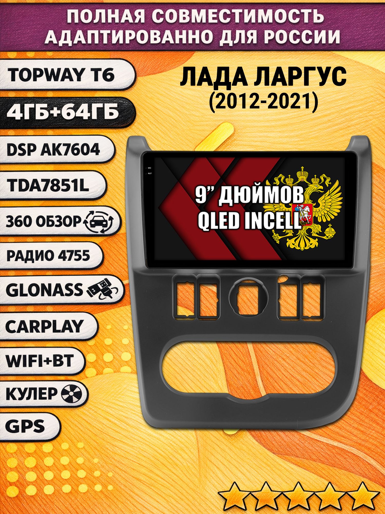 Штатная Андроид магнитола для LADA LARGUS ЛАДА ЛАРГУС (2012 2013 2014 2015 2016 2017 2018 2019 2020 2021), 4/64гб, 360 обзор, DSP, беспроводной CarPlay/Android Auto, GPS/ГЛОНАСС