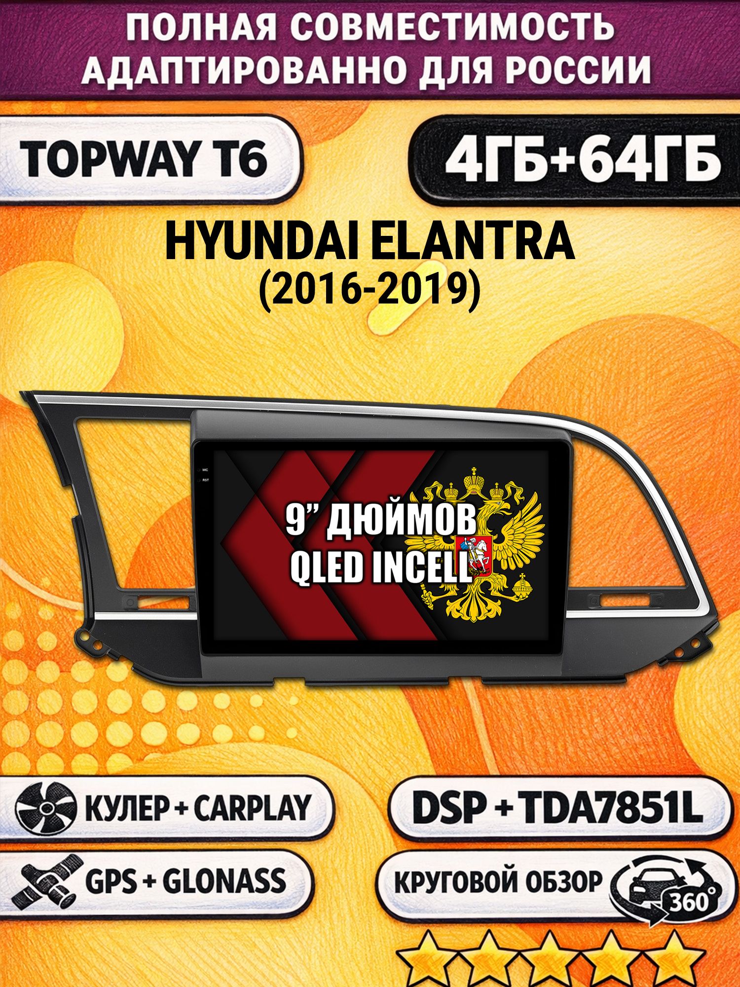 Штатная Андроид магнитола для HYUNDAI ELANTRA (2016-2019), 4/64гб, 360 обзор, DSP, беспроводной CarPlay/Android Auto, GPS/ГЛОНАСС