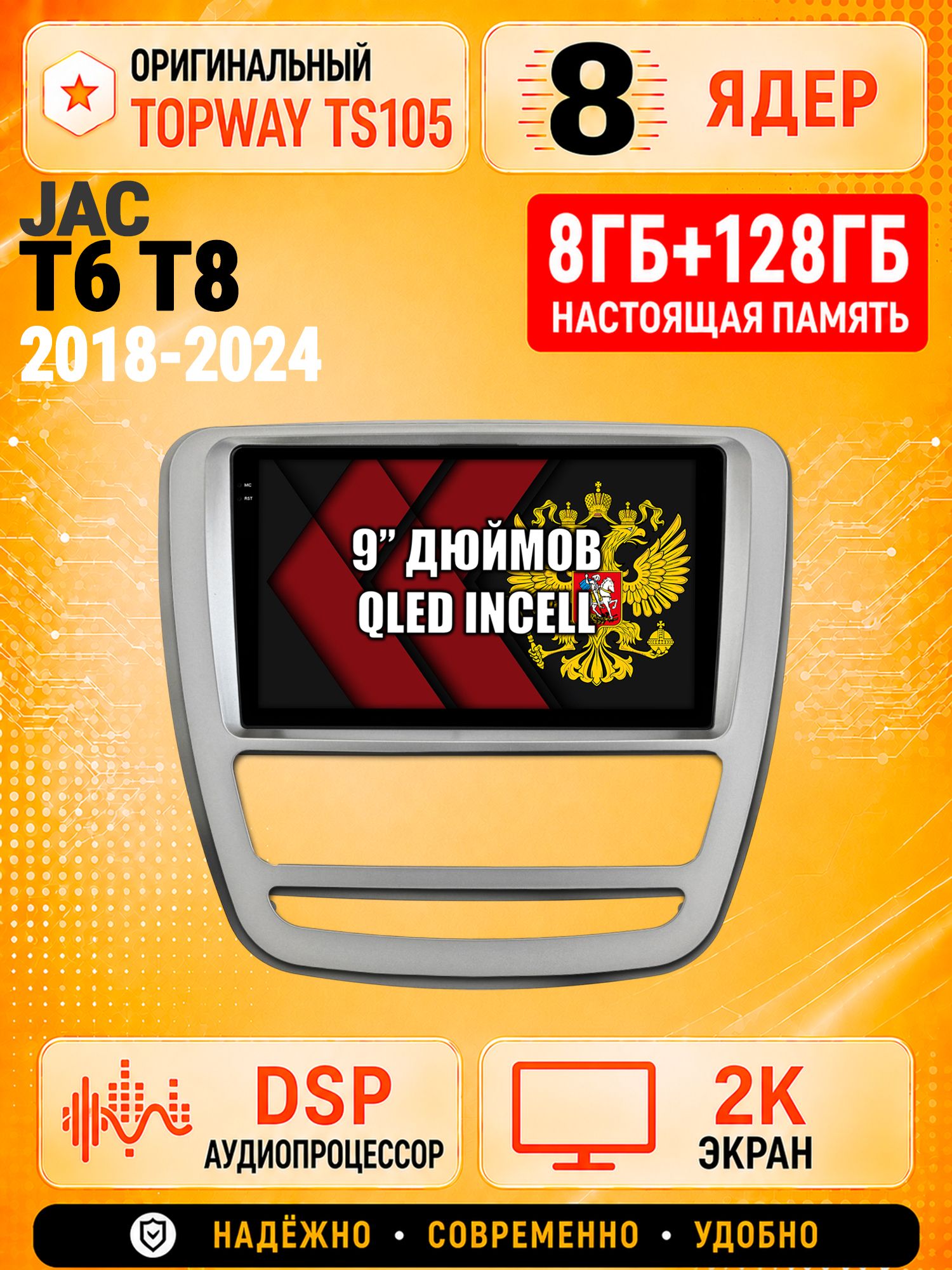 8 ядер TS105, 8гб+128гб, экран 2К, для JAC T6 T8 (2018-2024), Андроид автомагнитола с Carplay и Android auto