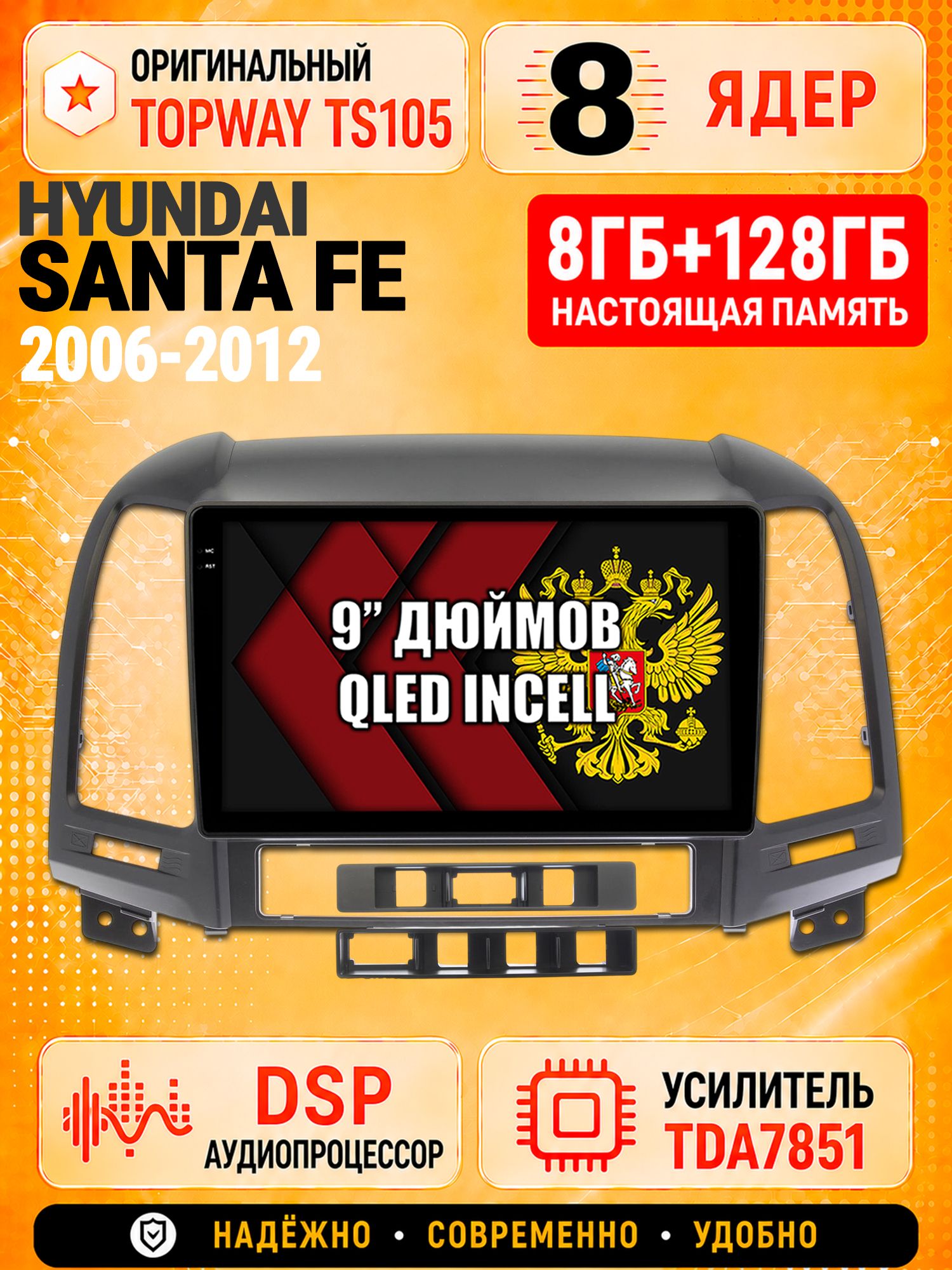 8 ядер TS105 с памятью 8гб+128гб для Hyundai Santa Fe (2006-2012), Штатная андроид магнитола, DSP, 4G, беспроводной CarPlay/Android Auto