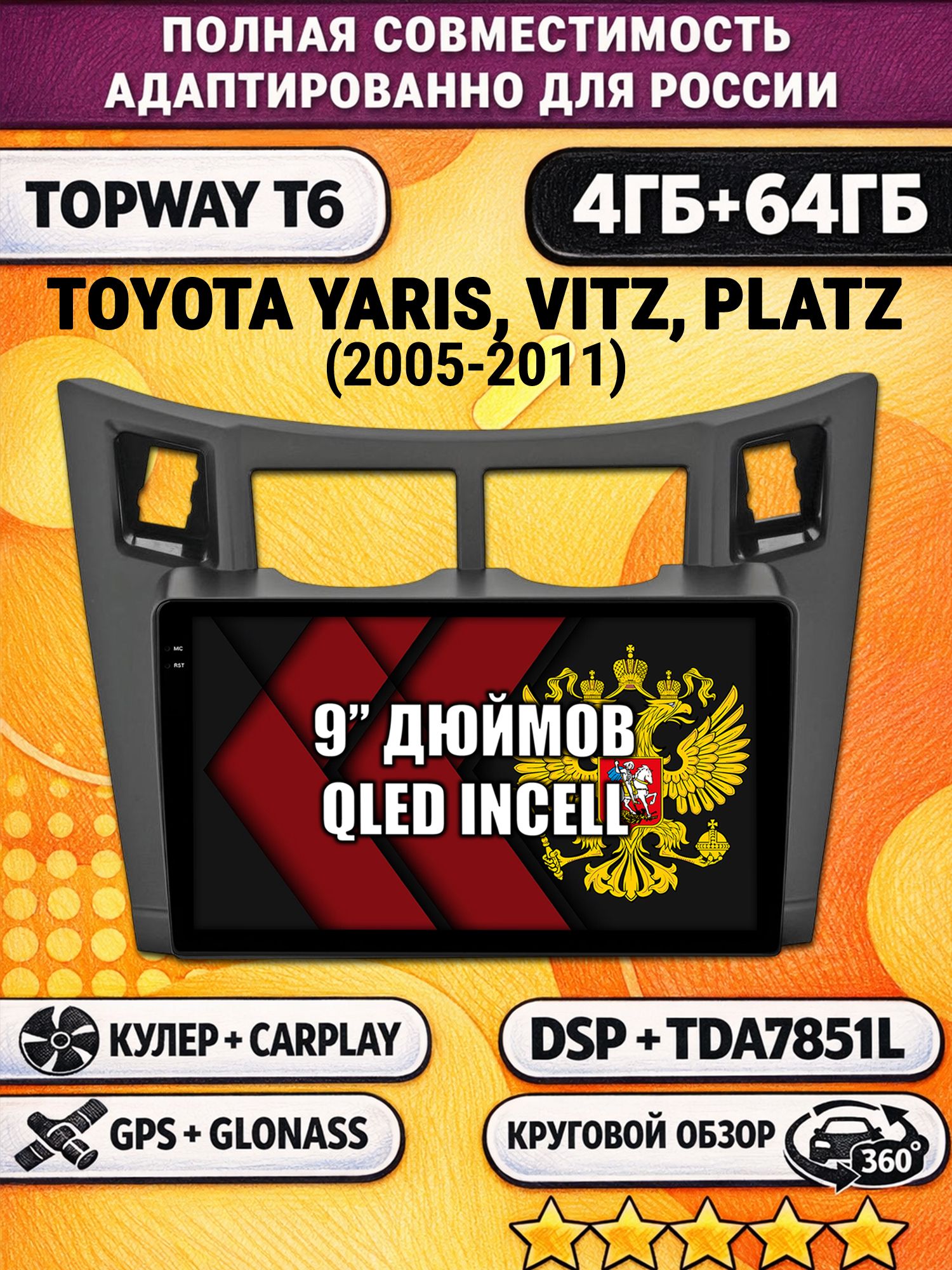 Штатная Андроид магнитола для TOYOTA YARIS, VITZ, PLATZ (2005-2011), рамка черная матовая, 4/64гб, 360 обзор, DSP, беспроводной CarPlay/Android Auto, GPS/ГЛОНАСС